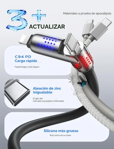 Vista 7 de MAGIC JOHN Cable de carga 240W 4 en 1, 4 pies USB C a Lightning [Certificado MFi], cargadores múltiples para todos los dispositivos, USB A/C grueso