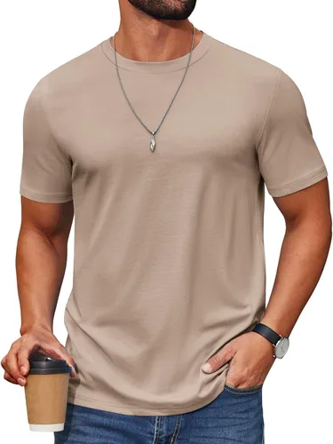 Vista 23 de COOFANDY Camiseta de manga corta para hombre, de mezcla de algodón, cuello redondo, informal, para verano, básica Verde militar