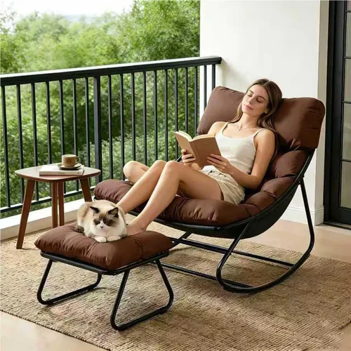 Vista 11 de Mecedora para interiores, cómoda silla de patio, mecedora con otomana y marco de metal resistente, sillas de balcón con cojín grueso, silla mecedora
