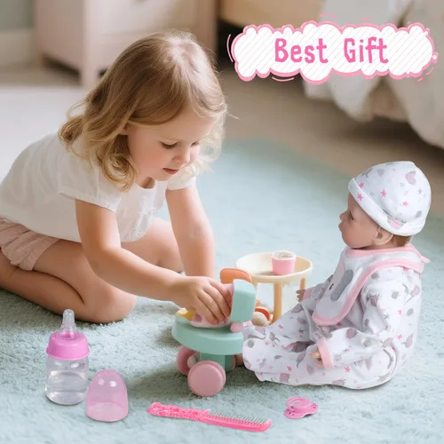 Vista 8 de Ropa de muñeca Reborn con moisés y accesorios de pañales reutilizables, juego de 10 piezas para muñecas de bebé de 17 a 22 pulgadas, muñecas rosadas