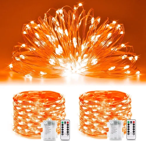 Vista 21 de JMEXSUSS Paquete de 2 Luces de Hadas Verdes a Batería, Total 200 LED 66 pies Luces de Cadena Parpadeantes con Control Remoto, 8 Modos de Luces