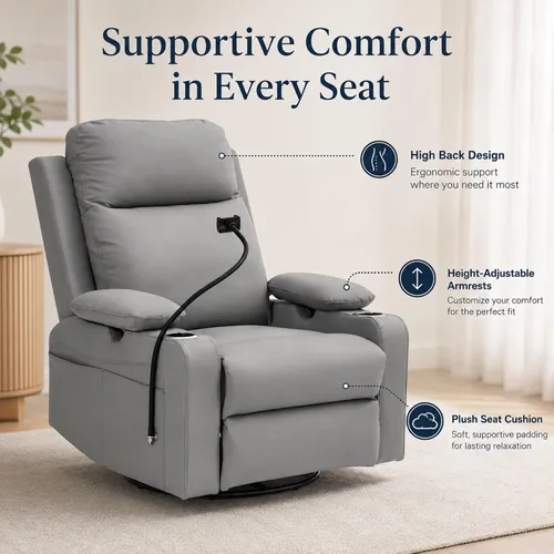 Vista 5 de Power Glider Recliner, Swivel Rocking, USB, Adjustable Arms (Gray)
