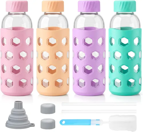Vista 12 de [Usado] Sursip 16 oz Glass Juice Bottles with Lids, 6 Pack Reusable Clear Glass, Silicone Sleeves and Straws, Leakproof, For Juicing, Smoothies