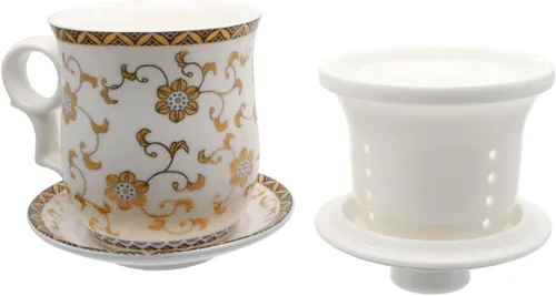 Vista 4 de Taza de té de porcelana con tapa de infusor y juegos de platillos – Taza de café de cerámica china Jingdezhen Taza de té de hoja suelta Sistema