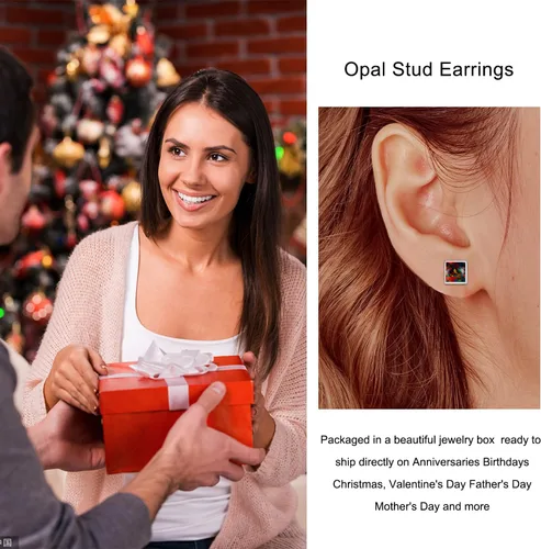 Vista 7 de Aretes de ópalo de fuego negro, plata de ley 925, aretes cuadrados negros, joyería de ópalo, regalos de cumpleaños y Navidad para mujeres, Plata