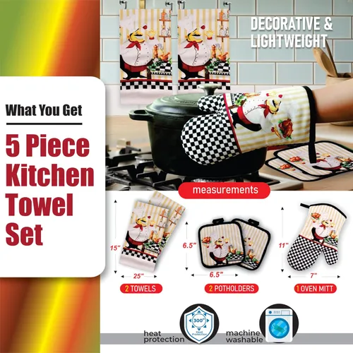 Vista 2 de Encantador juego de toallas de cocina de 5 piezas: diseño de chef uniforme y regordete, incluye 2 paños decorativos (25 x 15), 1 guante de horno y 2