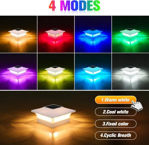 Vista 2 de VOLISUN Luz Solar para Poste Impermeable al Aire Libre: Cambio de Color RGB - Luces Intermitentes de Tapa Solar para Cerca 4 Unidades Blancas