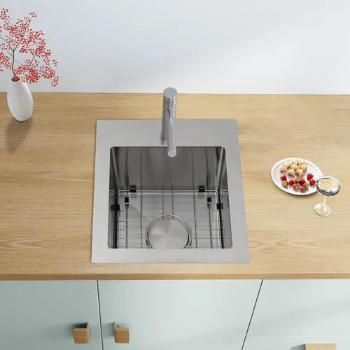 Vista 3 de MILOSEN Fregadero de barra de 15 x 17 pulgadas, fregadero de acero inoxidable T304, fregaderos de cocina pequeños con accesorios personalizados