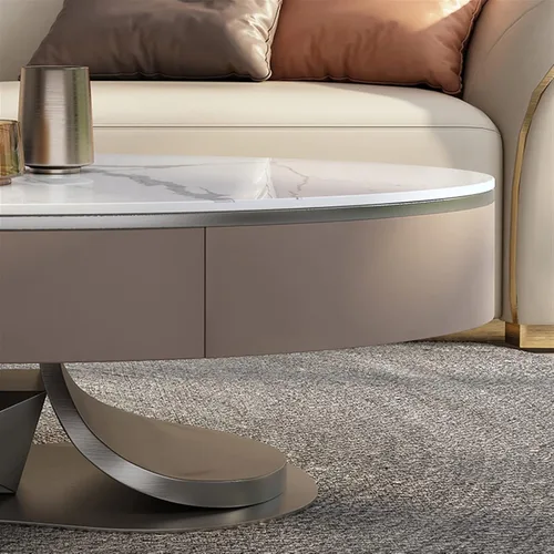 Vista 4 de Mesa auxiliar para sofá de sala de estar, mesa auxiliar ovalada de lujo con mesa de pizarra, mesa de centro moderna para sala de estar con cajones