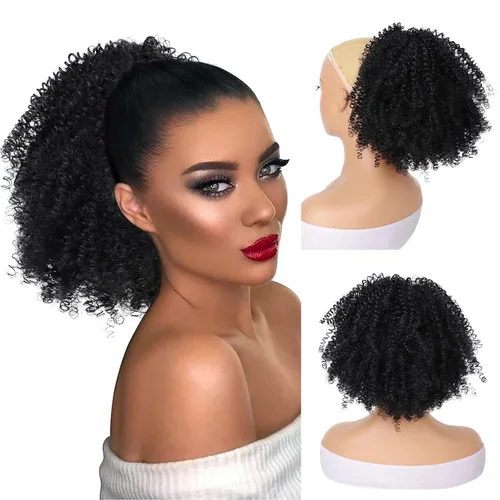 Vista 10 de Peluca rizada con flequillo corto afro para mujeres negras, G&T Wig, rizos esponjosos, flequillo clip-in (1B, flequillo simple)