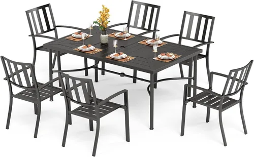Vista 15 de PHI VILLA Juego de comedor al aire libre de 7 piezas para 6, mesa rectangular de metal negro de 60 pulgadas con agujero para sombrilla y sillas