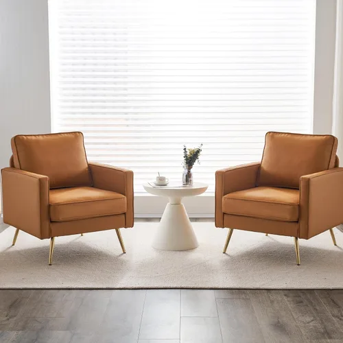 Vista 7 de VINGLI Silla de acento moderna de cuero PU para sala de estar, silla cómoda de dormitorio, silla de lectura con brazos con patas de metal dorado
