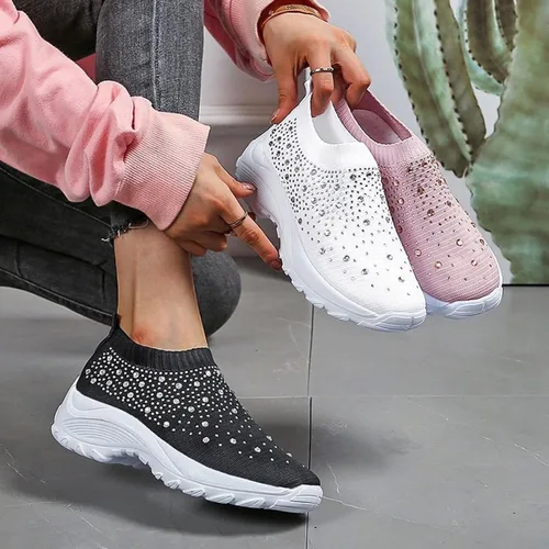 Vista 6 de Tenis ortopédicos de malla de punto con diamantes de imitación para mujer, cómodos, transpirables, con soporte de arco, mocasines ultraligeros