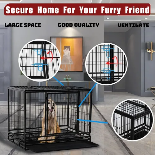 Vista 6 de HCY Jaula para perros grande de 48 pulgadas, resistente, plegable, con ruedas con bloqueo, puertas dobles, bandeja de plástico para mascotas