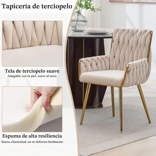 Vista 4 de Silla de escritorio de terciopelo, taburete de tocador, sin ruedas, moderno sillón dorado con patas de acento