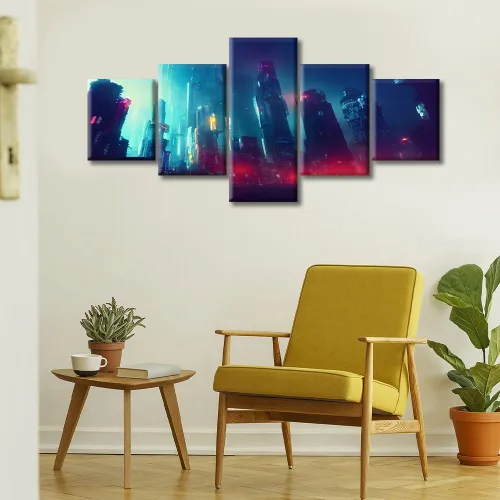 Vista 22 de Cuadros de 5 paneles de Cyberpunk City, arte de pared, representación de vallas publicitarias, edificios modernos en la capital con obras de arte