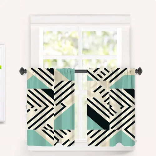 Vista 64 de Cortinas geométricas de cocina para ventanas, color negro, blanco, turquesa, cenefas opacas de poliéster multicapa para cocina, paquete de 2