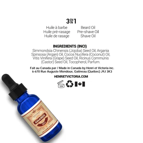 Vista 2 de HENRI ET VICTORIA Fragancia de aceite de barba Amande Fabricado en Canadá por expertos artesanos Ingredientes hidratantes, no grasos, naturales