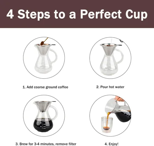 Vista 6 de T-mark Cafetera vertida con filtro reutilizable de acero inoxidable de doble capa, jarra de café de vidrio sin BPA de 13.5 fl oz/14oz, cafetera