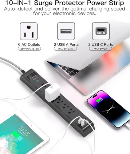 Vista 2 de Regleta Protectora de Sobretensiones - 6 Tomas 4 Puertos de Carga USB, Cable de Extensión Trenzado de 5 Pies, Enchufe Plano, Protección contra