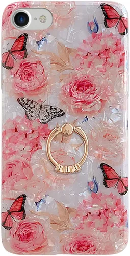 Vista 9 de Qokey Funda compatible con iPhone 8/7/SE (2022/2020) de 4.7 pulgadas, diseño de flores lindo a la moda para mujeres y niñas, anillo giratorio de 360