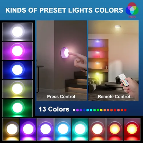 Vista 5 de Luces de disco con control remoto, 13 colores intercambiables, luces LED de disco con pilas, regulables, para debajo del gabinete, con 1 control
