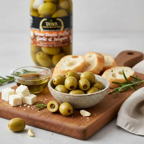 Vista 2 de Tassos Aceitunas griegas súper mamut de jalapeno-ajo con doble relleno, 35.27 onzas