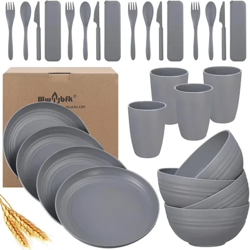 Vista 8 de Juego de vajilla de paja de trigo para 4, platos y tazones de paja de trigo, platos de cocina, 28 piezas, artículos esenciales para dormitorio