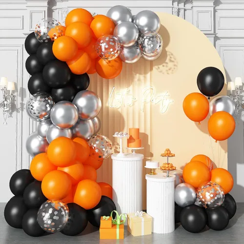 Vista 4 de Globos Negros y Naranjas de 12 Pulgadas, Globos de Confeti Negro Naranja Plateado, Globos de Halloween Trick or Treat para Niños y Hombres