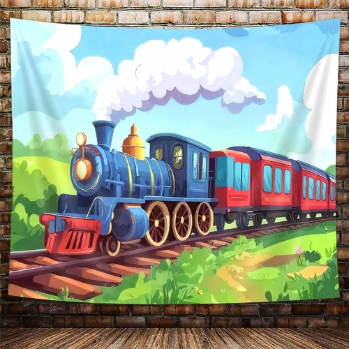 Vista 23 de Tapiz de Tren de Vapor, Tapices de Paisaje Otoñal de Tren de Motor Antiguo Decoración para Niños, Tapices de Arte de Acuarela de Bosque de Montaña