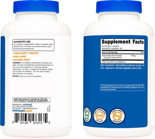 Vista 4 de Nutricost Cápsulas de raíz de maca (Lepidium meyenii) 750 mg, 180 cápsulas, 180 porciones Lepidium meyenii