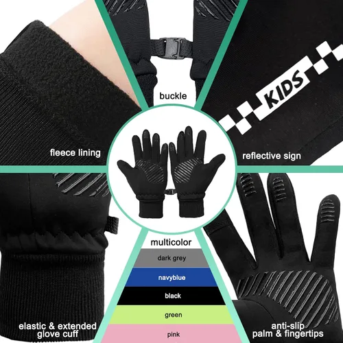 Vista 3 de Guantes de ciclismo de invierno para niños y niñas, guantes de ciclismo para pantalla táctil, impermeables, térmicos, guantes deportivos para niños