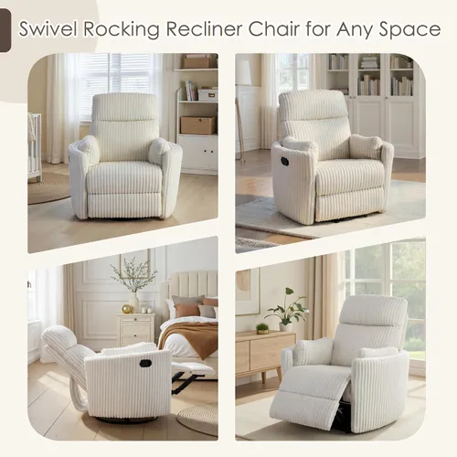 Vista 14 de Mecedoras cómodas con respaldo alto 360 giratorias, mecedoras reclinables con 2 almohadas, silla reclinable para adultos, espacios pequeños Beige