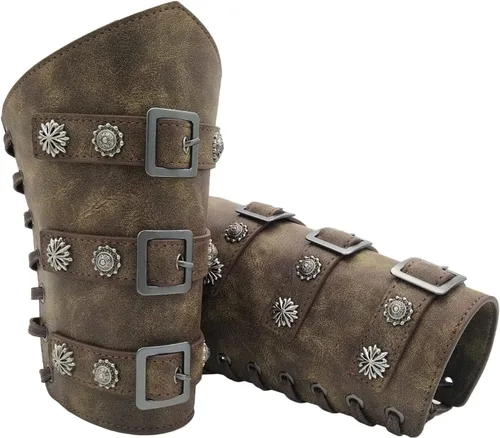 Vista 8 de Brazaletes medievales con hebilla, cinturón de cuero para adultos, pulsera de guantelete vikingo, armadura de brazo, armadura punk, gótico, disfraz