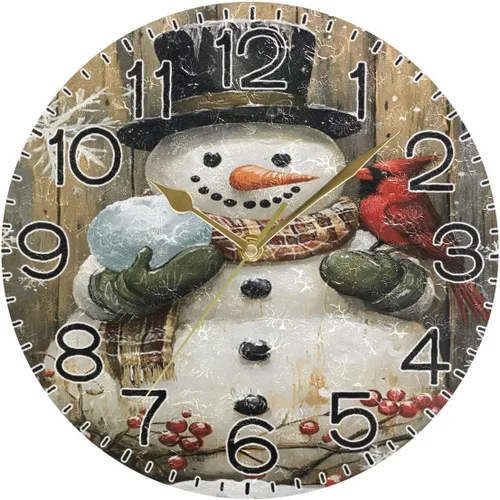 Vista 5 de ALAZA Snowman Cardinal Wood Wall Clock Battery Operated Non Ticking Silent Quartz Analog Rustic Farmhouse Round Clock Retro Decor for Home Kitchen