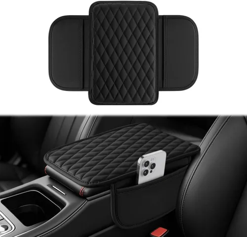 Vista 14 de Amiss Funda para consola central de automóvil, cojín de reposabrazos de automóvil de cuero mejorado con 2 bolsillos de almacenamiento, almohadilla