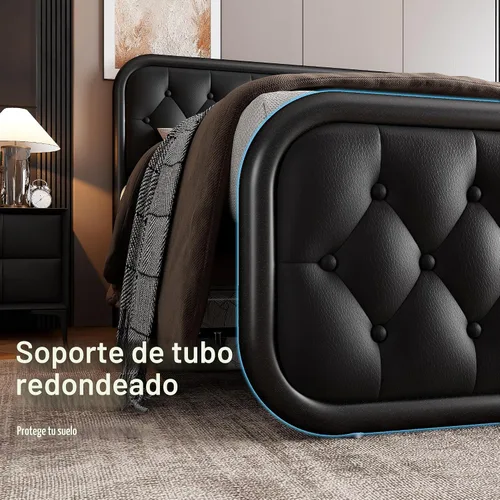 Vista 4 de GalnFu Marco de Cama de Metal Completo, Cama Tapizada con Cabecero y Pie de Cama de Cuero Capitoné, Cama de Plataforma en Forma de U de Servicio