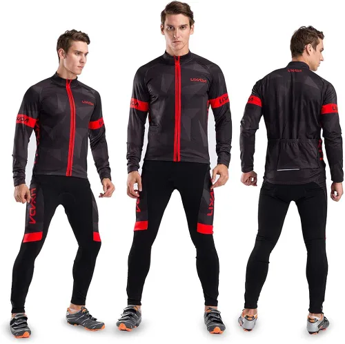 Vista 2 de Lixada Camiseta de ciclismo para hombre de forro polar térmico de manga larga para bicicleta de montaña carretera y bicicleta pantalones acolchados