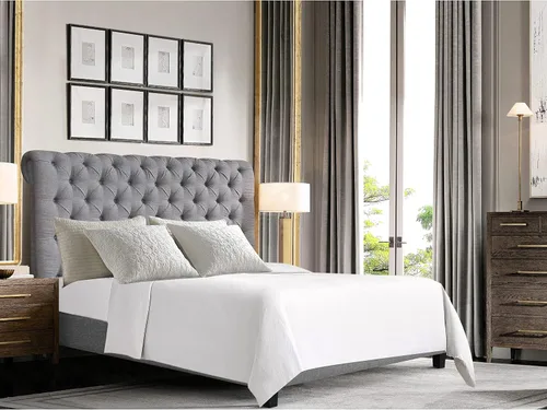 Vista 11 de Rosevera Atherine - Marco de cama tapizado de tela con cabecera ajustable, estilo Chesterfield, cabeza enrollada, soporte de listones de madera