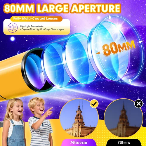 Vista 2 de MEEZAA Telescopio para adultos y niños, apertura de 80 mm, telescopio refractor portátil de 500 mm para principiantes de astronomía, telescopios