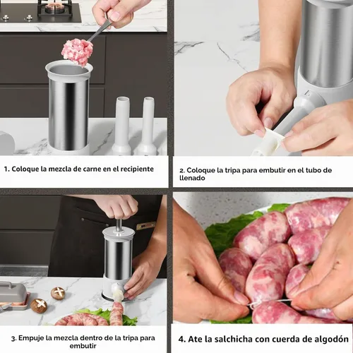 Vista 3 de Máquina de Relleno de Salchichas con 4 Tubos de Relleno, Rellenadora de Carne para Salchichas, Kit de Herramientas Manual Vertical Casero para Hacer