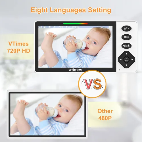 Vista 3 de VTimes - Monitor de bebé con cámara y audio, pantalla HD de 720P de 5.5 pulgadas, monitor de video sin WiFi, modo VOX, panorámica/inclinación/zoom