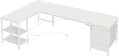 Vista 16 de Huuger Escritorio en forma de L de 55 pulgadas con cajones de tela, escritorio reversible para juegos para computadora con tomas de corriente