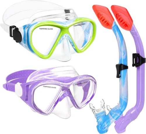 Vista 12 de 2 Sets Snorkeling Gear for Kids, Kids Snorkel Set for Ages 6-14, Dry Top Snorkel Mask Set for Youth Boys Girls Junior, Tempered Glass Diving