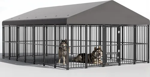 Vista 7 de Perrera grande para perros exterior de 10 x 14 pies, jaula resistente con puerta de alimentación, corrida de perro al aire libre con techo