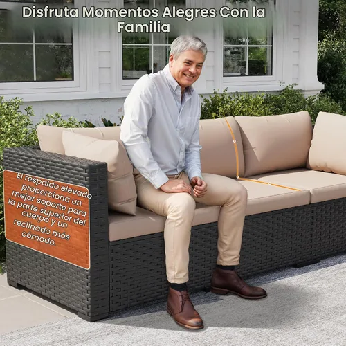 Vista 3 de Juego de muebles de patio, sofá seccional de mimbre para exteriores Beige/Negro