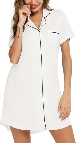 Vista 178 de Samring Camisón de pijama para mujer, manga corta/larga, con botones, camisón para dormir, camisón para novio, talla XXL