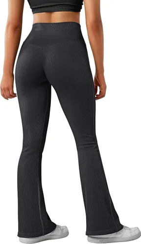 Vista 2 de MOSHENGQI Leggings acampanados acanalados para mujer, pantalones de yoga sin costuras de cintura alta