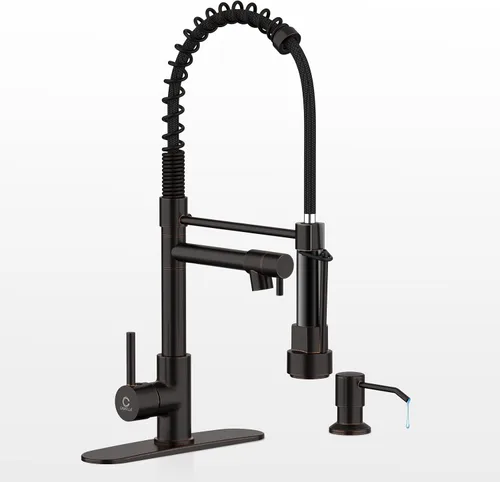 Vista 14 de Grifo de cocina con dispensador de jabón, grifos de fregadero de cocina de resorte de una sola manija con rociador desplegable y placa de cubierta