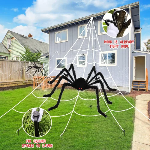 Vista 5 de Decoraciones de Halloween, 2 arañas gigantes de 50 pulgadas + telaraña triangular de 200 pulgadas y tela de araña redonda de 100 pulgadas